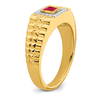 14K Gelbgold Herrenring mit quadratischem Rubin und echten Diamanten
