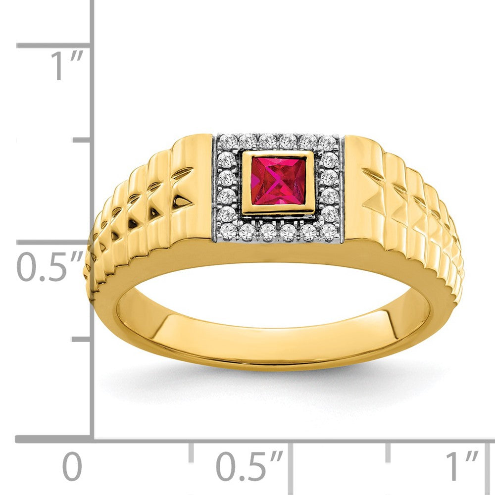 14K Gelbgold Herrenring mit quadratischem Rubin und echten Diamanten
