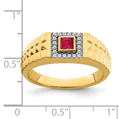 14K Gelbgold Herrenring mit quadratischem Rubin und echten Diamanten