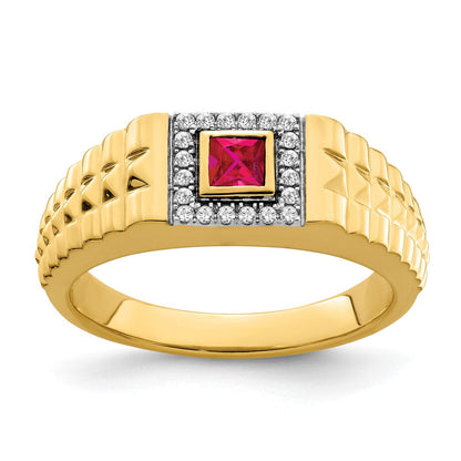 14K Gelbgold Herrenring mit quadratischem Rubin und echten Diamanten
