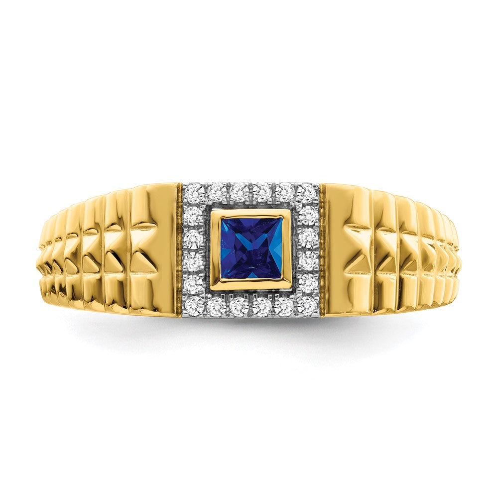 14K Gelbgold Herrenring mit quadratischem Saphir und echten Diamanten
