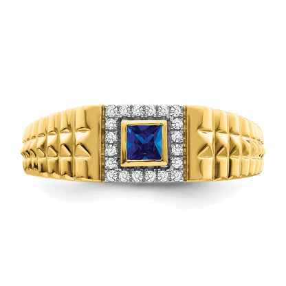 14K Gelbgold Herrenring mit quadratischem Saphir und echten Diamanten
