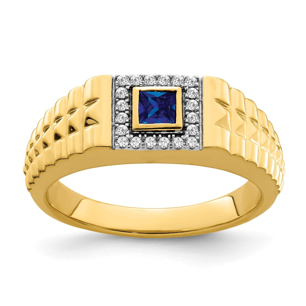 14K Gelbgold Herrenring mit quadratischem Saphir und echten Diamanten
