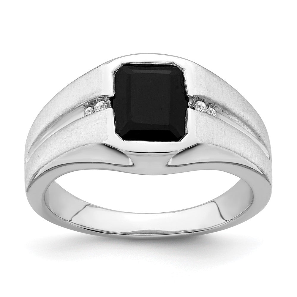 14K Weißgold Herrenring mit Onyx und echtem Diamant