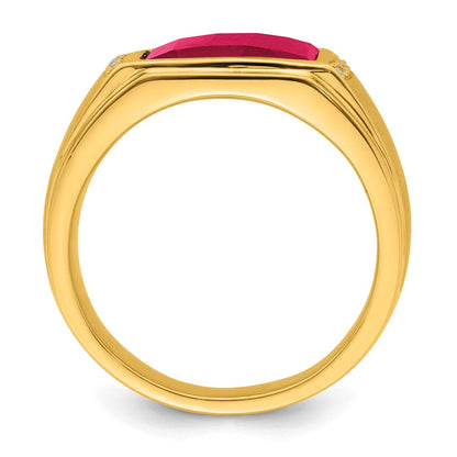 14K Gelbgold Herrenring mit synthetischem Rubin und echten Diamanten