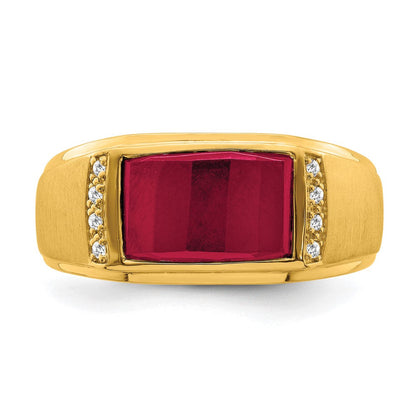 14K Gelbgold Herrenring mit synthetischem Rubin und echten Diamanten