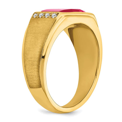 14K Gelbgold Herrenring mit synthetischem Rubin und echten Diamanten