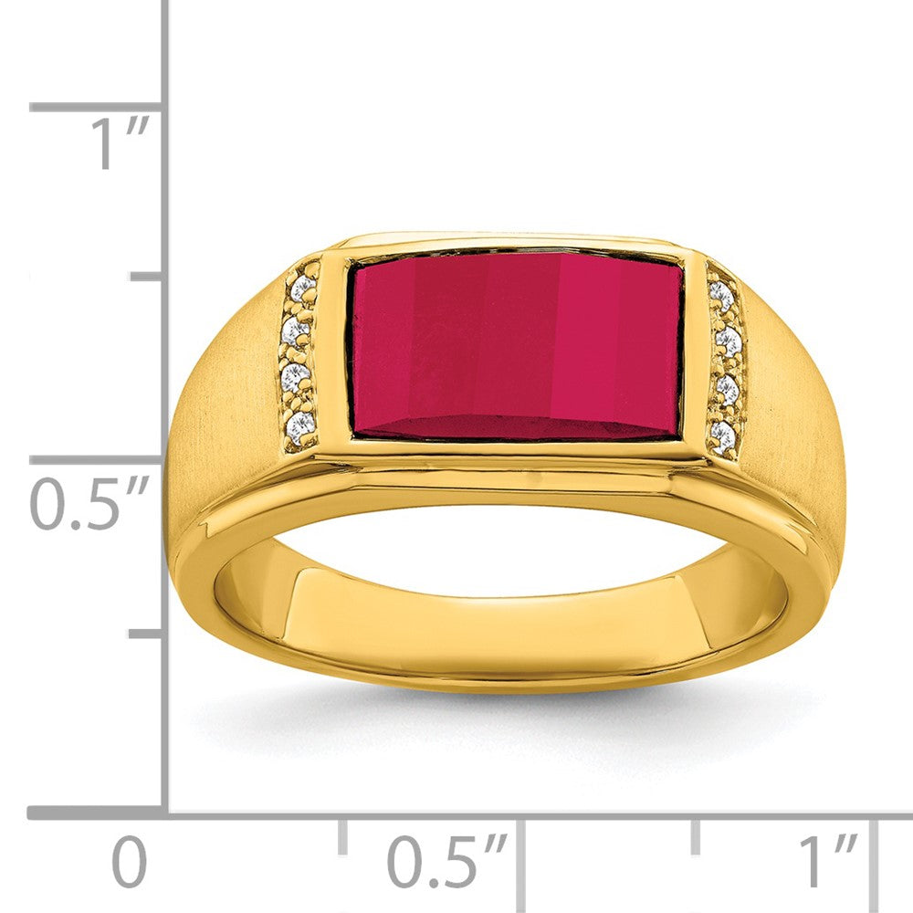 14K Gelbgold Herrenring mit synthetischem Rubin und echten Diamanten