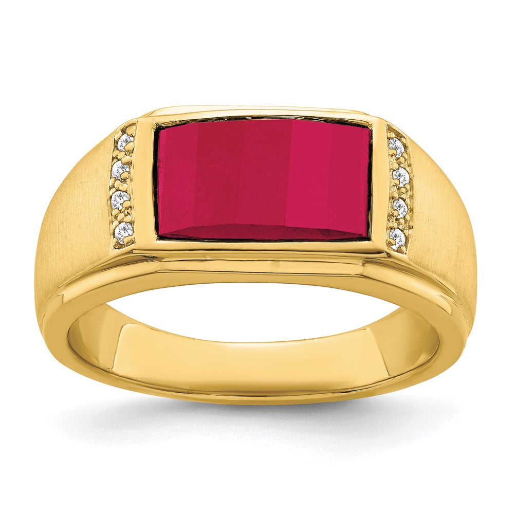 14K Gelbgold Herrenring mit synthetischem Rubin und echten Diamanten