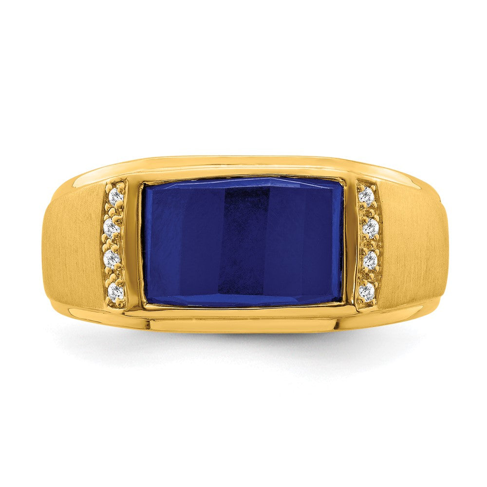 14K Gelbgold Herrenring mit synthetischem Saphir und echten Diamanten