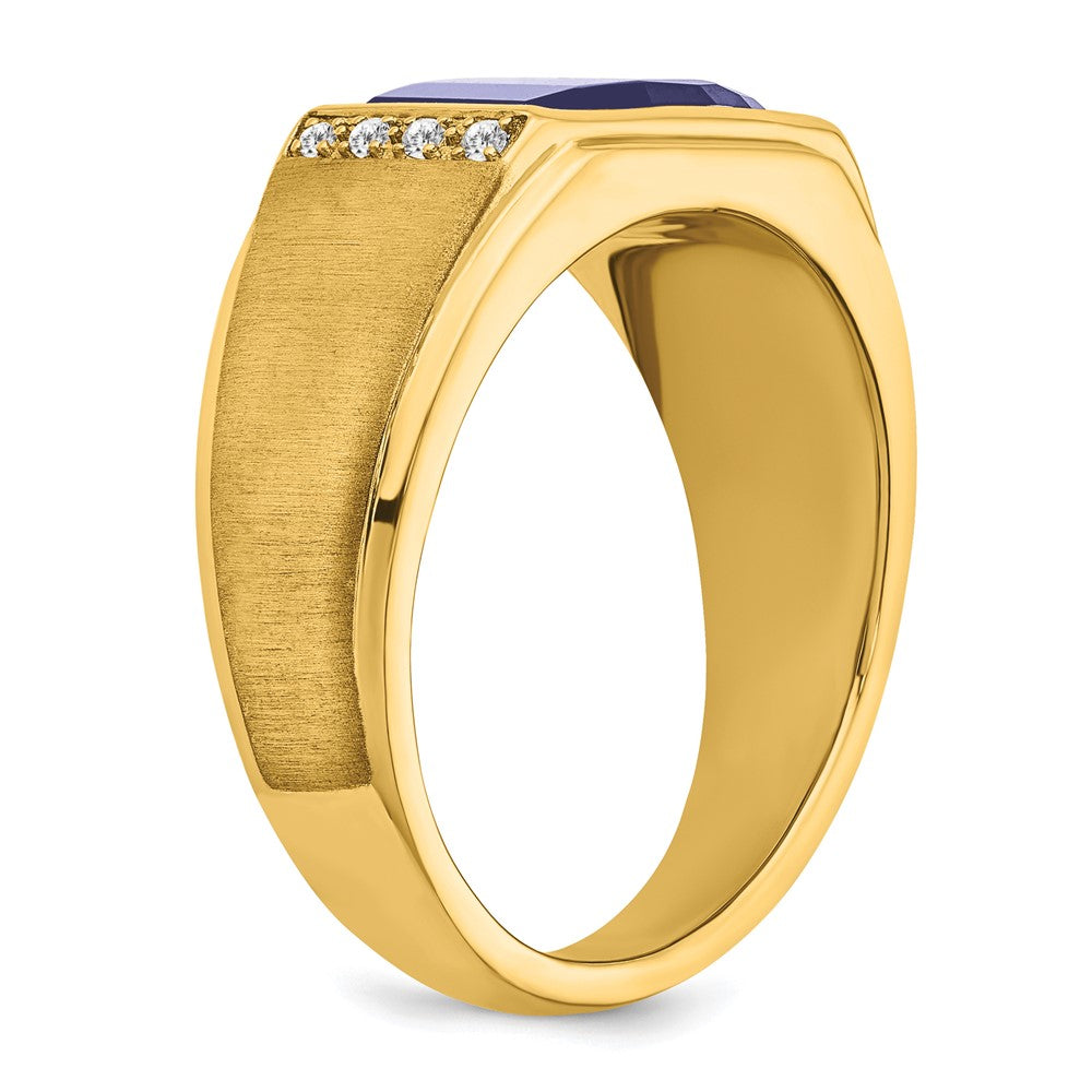 14K Gelbgold Herrenring mit synthetischem Saphir und echten Diamanten