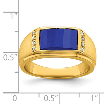 14K Gelbgold Herrenring mit synthetischem Saphir und echten Diamanten
