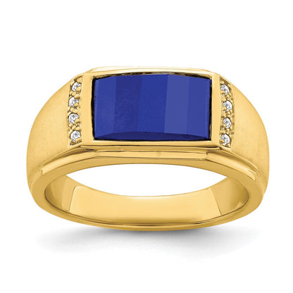 14K Gelbgold Herrenring mit synthetischem Saphir und echten Diamanten