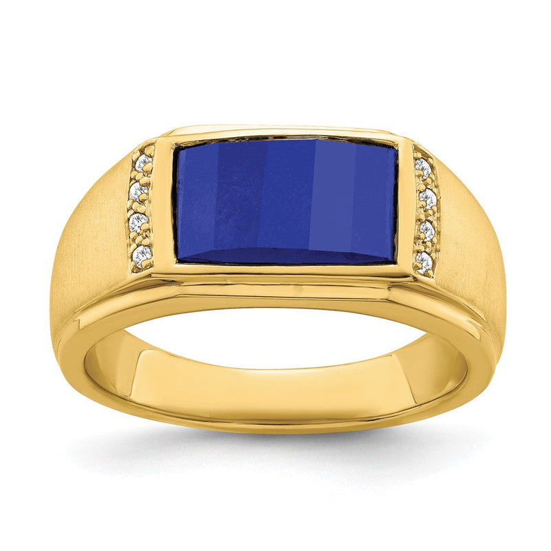 14K Gelbgold Herrenring mit synthetischem Saphir und echten Diamanten