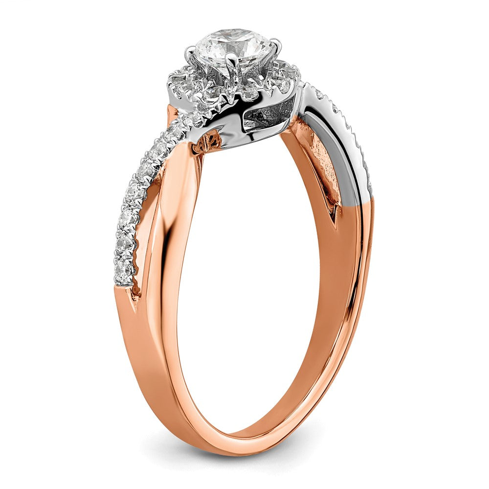14K Zweifarbiger Rosé- und Weißgold-Verlobungsring mit 0,625 ct. im Labor gezüchteten Diamanten VS/SI+ G+ im Rundschliff mit Fancy-Halo-Fassung
