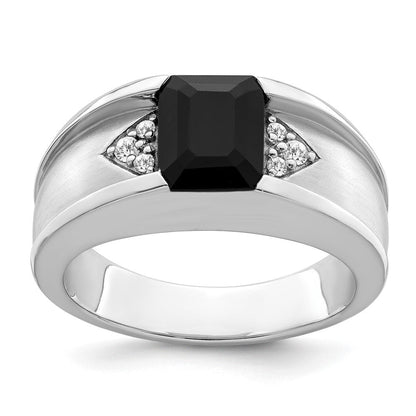 14K Weißgold Herrenring mit Onyx und echten Diamanten