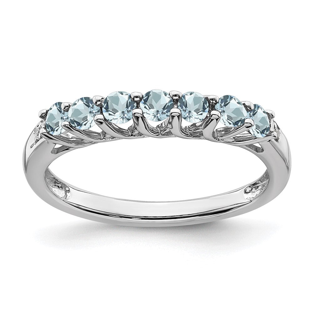 14K Weißgold Ring mit Aquamarin und echten Diamanten, 7 Steine