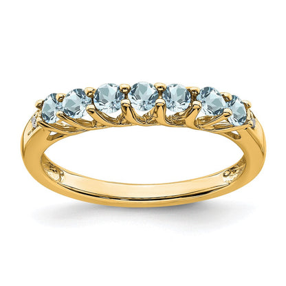 14K Gelbgold Ring mit Aquamarin und echten Diamanten, 7 Steine