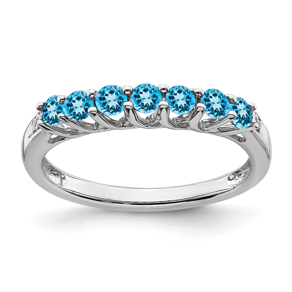 14K Weißgold Ring mit blauem Topas und echten Diamanten, 7 Steine
