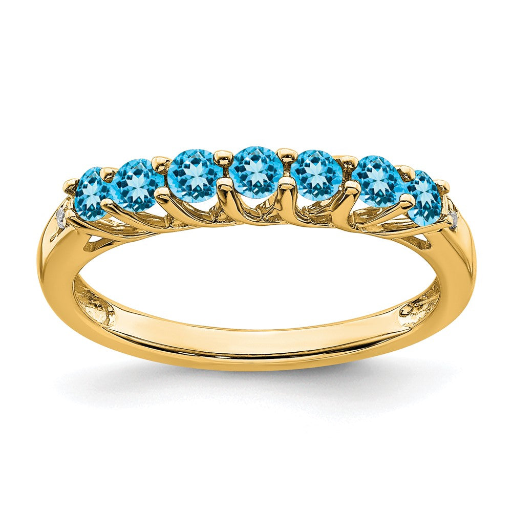 14K Gelbgold Ring mit blauem Topas und echten Diamanten, 7 Steine