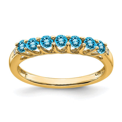 14K Gelbgold Ring mit blauem Topas und echten Diamanten, 7 Steine