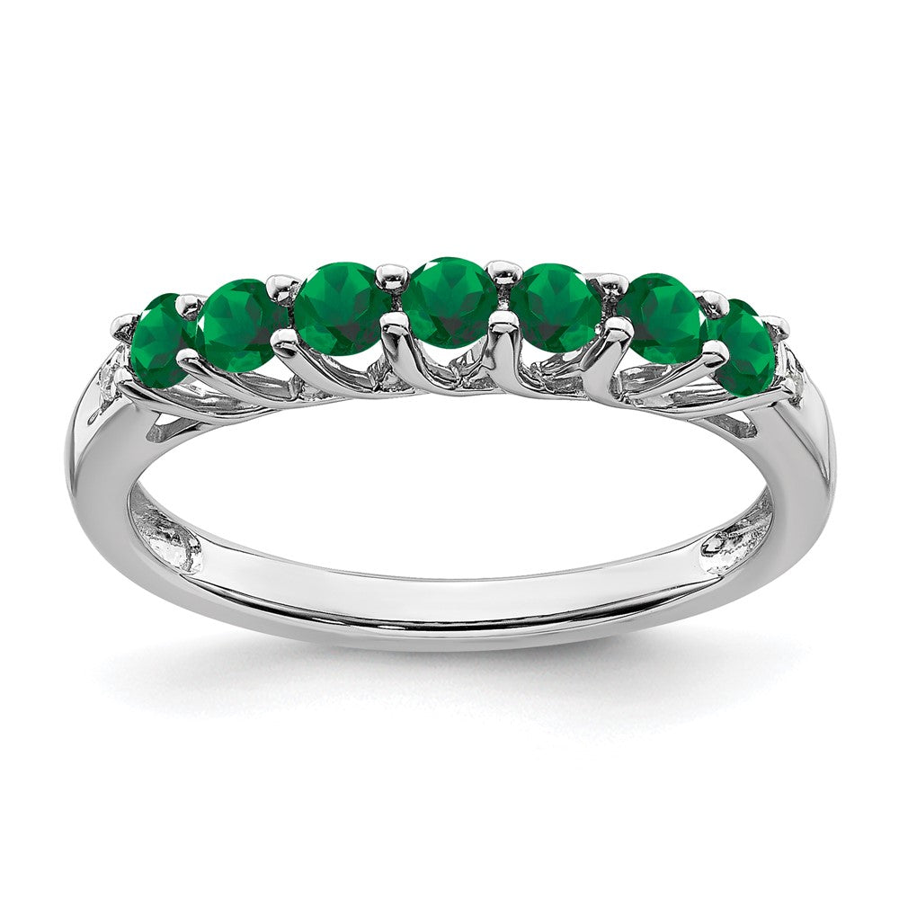 14K Weißgold Ring mit synthetischem Smaragd und echten Diamanten, 7 Steine