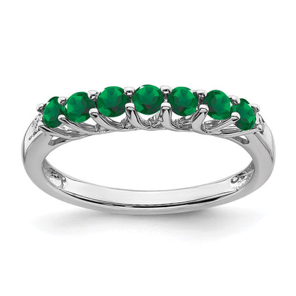 14K Weißgold Ring mit synthetischem Smaragd und echten Diamanten, 7 Steine