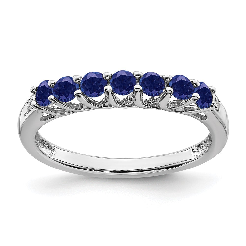 14K Weißgold Ring mit synthetischem Saphir und echten Diamanten in 7-Stein-Fassung