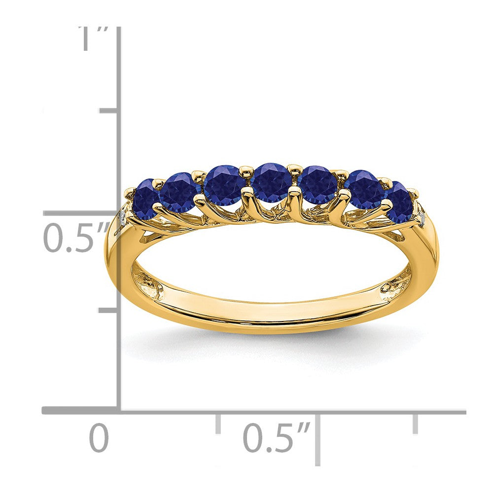 14K Gelbgold Ring mit synthetischem Saphir und echten Diamanten, 7 Steine