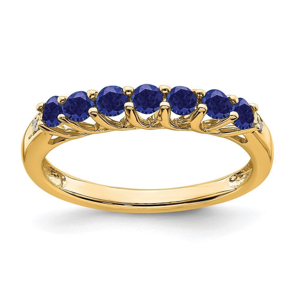 14K Gelbgold Ring mit synthetischem Saphir und echten Diamanten, 7 Steine