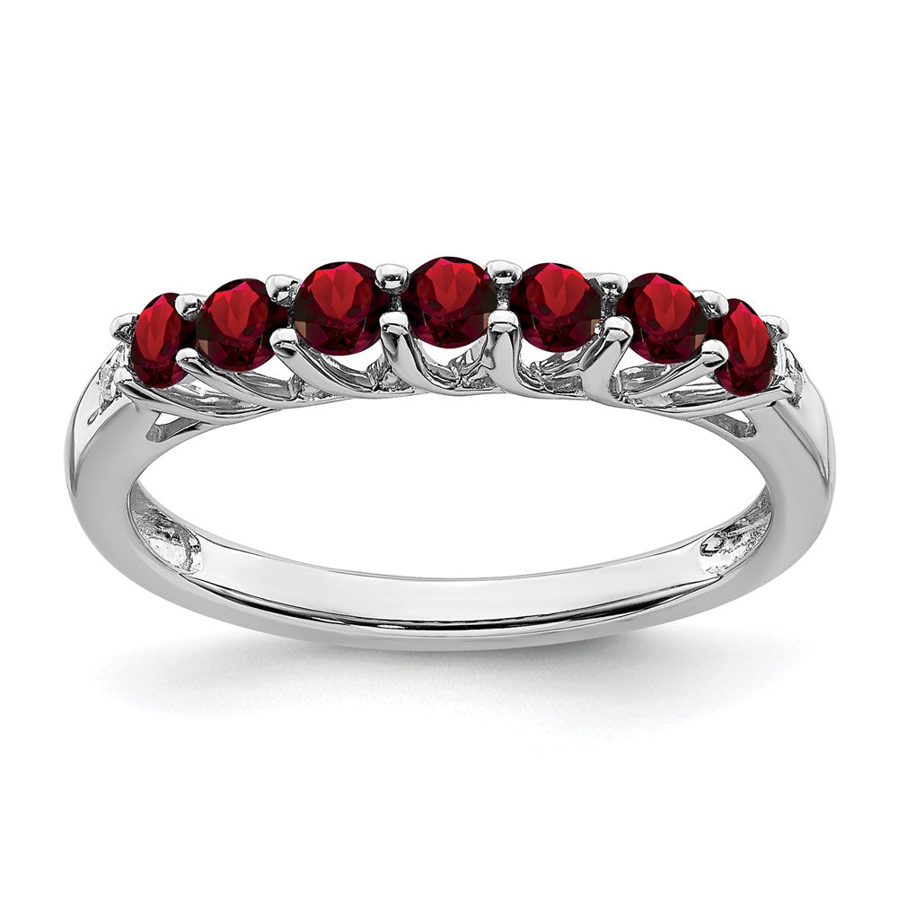14K Weißgold Ring mit Granat und echten Diamanten, 7 Steine
