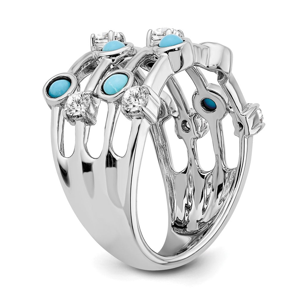 Massiv 14K Weißgold Synthetisch Türkis und Topas Ring