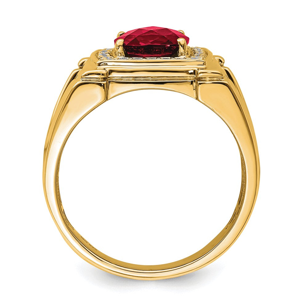 14K Gelbgold Herrenring mit 0,25 ct. Laborgezüchteten Diamanten VS/SI+ G+ und Laborgezüchtetem Rubin
