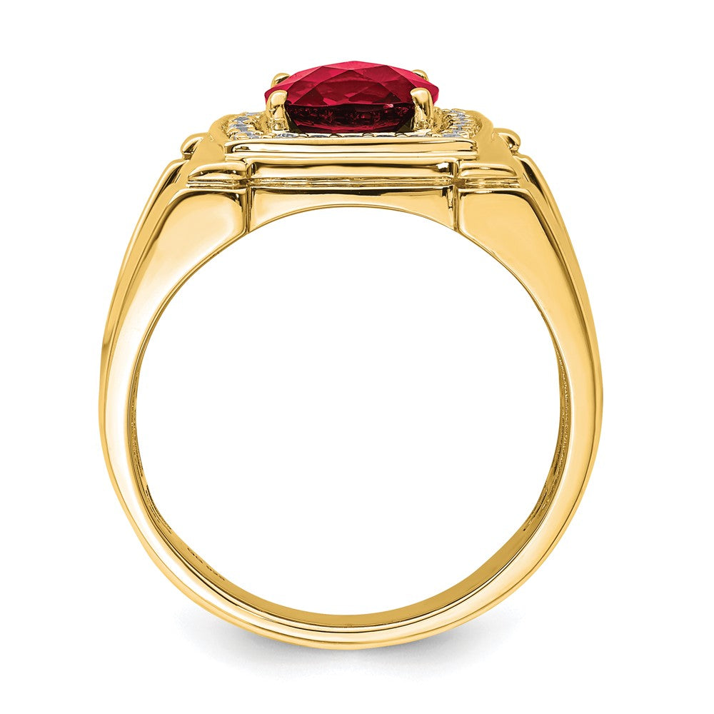14K Gelbgold Herrenring mit gezüchtetem Rubin im Schachbrettschliff und echten Diamanten