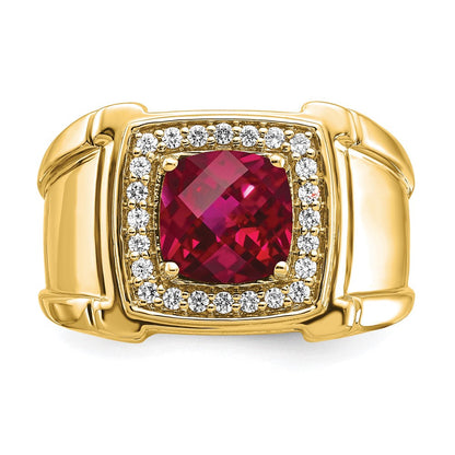 14K Gelbgold Herrenring mit 0,25 ct. Laborgezüchteten Diamanten VS/SI+ G+ und Laborgezüchtetem Rubin