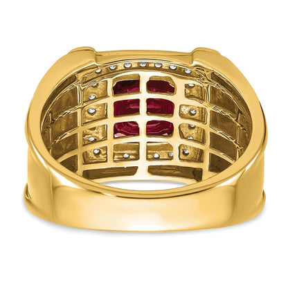 14K Gelbgold Herrenring mit gezüchtetem Rubin im Schachbrettschliff und echten Diamanten