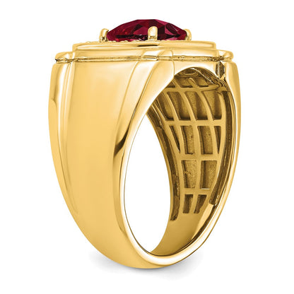 14K Gelbgold Herrenring mit gezüchtetem Rubin im Schachbrettschliff und echten Diamanten