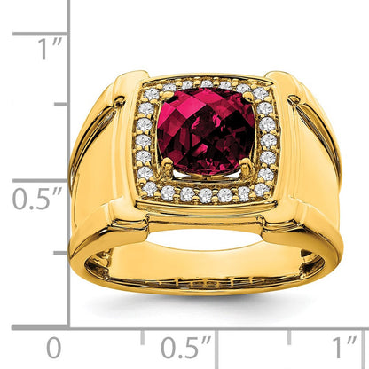 14K Gelbgold Herrenring mit gezüchtetem Rubin im Schachbrettschliff und echten Diamanten