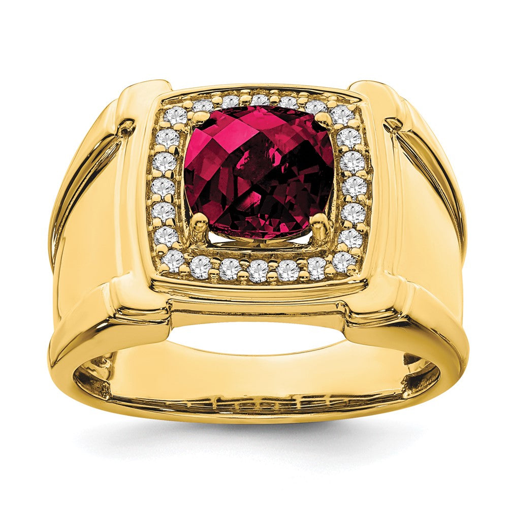 14K Gelbgold Herrenring mit 0,25 ct. Laborgezüchteten Diamanten VS/SI+ G+ und Laborgezüchtetem Rubin