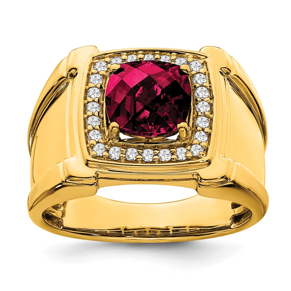 14K Gelbgold Herrenring mit gezüchtetem Rubin im Schachbrettschliff und echten Diamanten