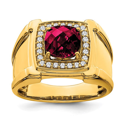 14K Gelbgold Herrenring mit gezüchtetem Rubin im Schachbrettschliff und echten Diamanten