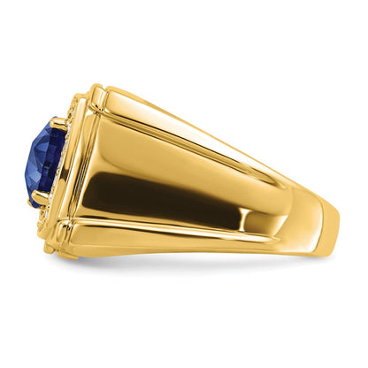 14K Gelbgold Herrenring mit synthetischem Schachbrettschliff-Saphir und echten Diamanten