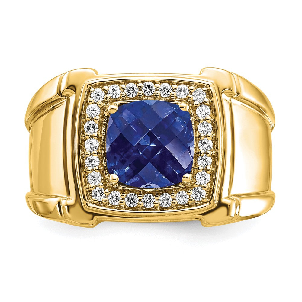 14K Gelbgold Herrenring mit synthetischem Schachbrettschliff-Saphir und echten Diamanten