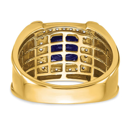 14K Gelbgold Herrenring mit synthetischem Schachbrettschliff-Saphir und echten Diamanten
