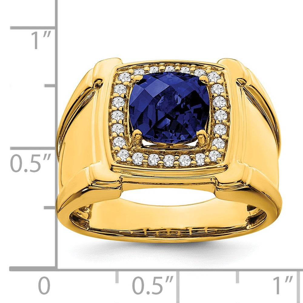14K Gelbgold Herrenring mit synthetischem Schachbrettschliff-Saphir und echten Diamanten