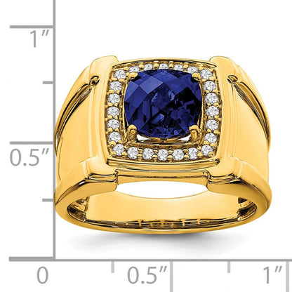 14K Gelbgold Herrenring mit synthetischem Schachbrettschliff-Saphir und echten Diamanten