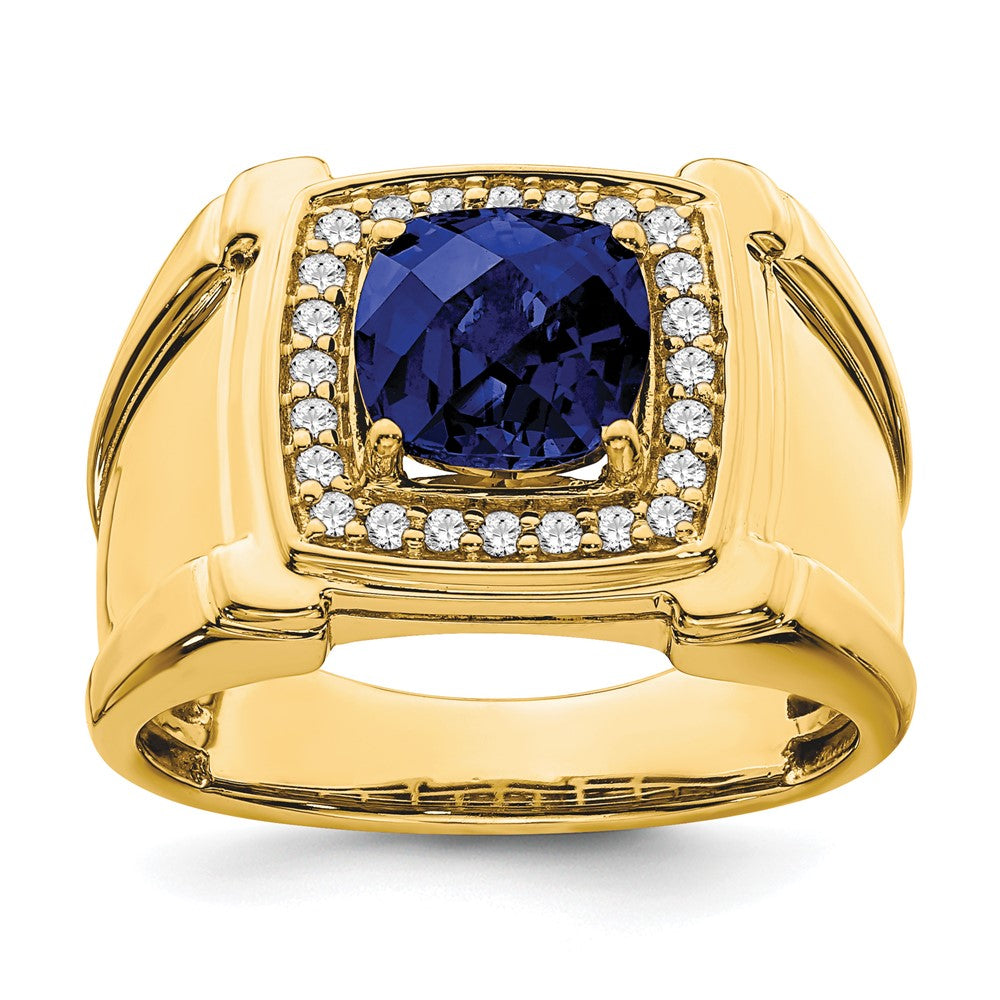 14K Gelbgold Herrenring mit synthetischem Schachbrettschliff-Saphir und echten Diamanten