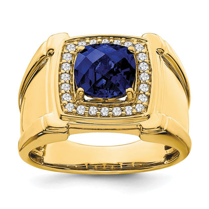 14K Gelbgold Herrenring mit synthetischem Schachbrettschliff-Saphir und echten Diamanten