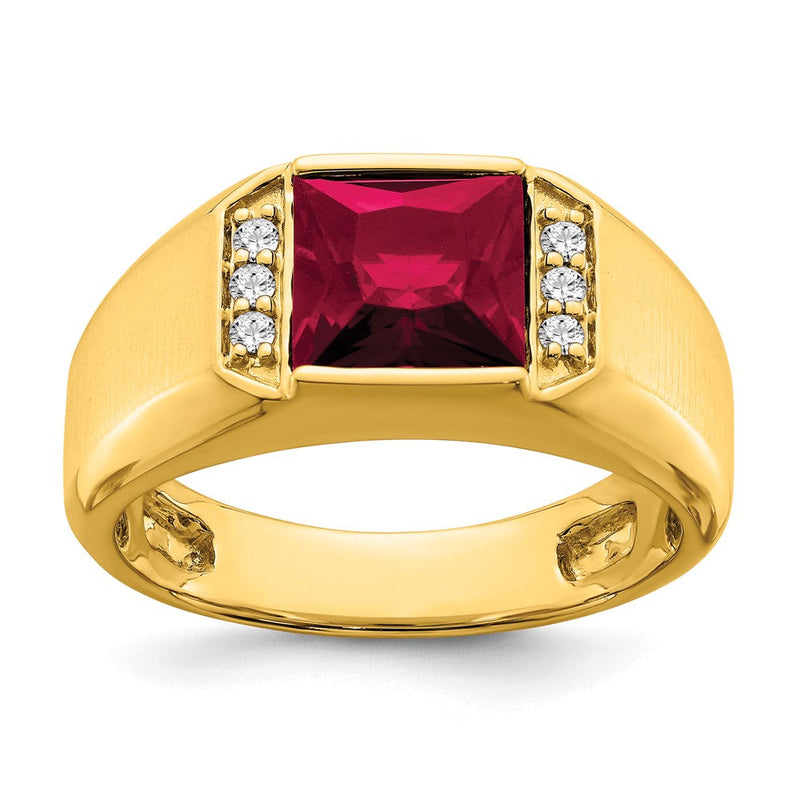 14K Gelbgold Herrenring mit quadratischem synthetischem Rubin und echten Diamanten