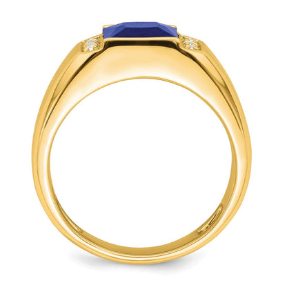 14K Gelbgold Herrenring mit quadratischem synthetischem Saphir und echten Diamanten
